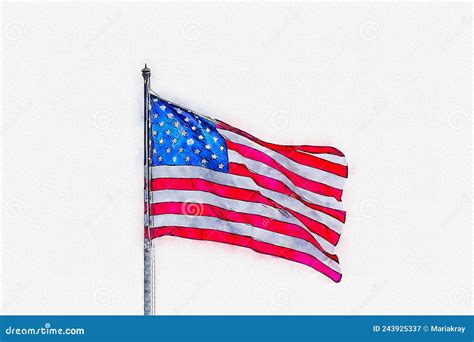 Watercolor Painting Illustration of American Flag Over a White ...