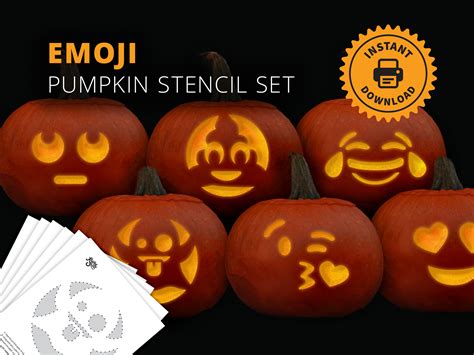 Emoji PRINTABLE Pumpkin Carving Stencil Set Cute Faces - Etsy