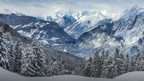 nature, landscape, winter, mountains, snowy mountain, trees, forest ...