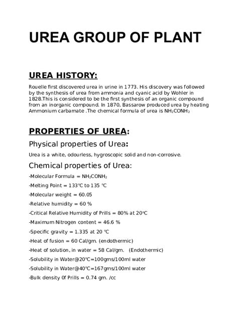 (DOC) UREA GROUP OF PLANT UREA HISTORY: PROPERTIES OF UREA: Chemical ...