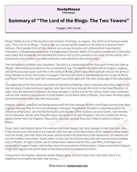 Summary of “The Lord of the Rings: The Two Towers” Free Essay Example