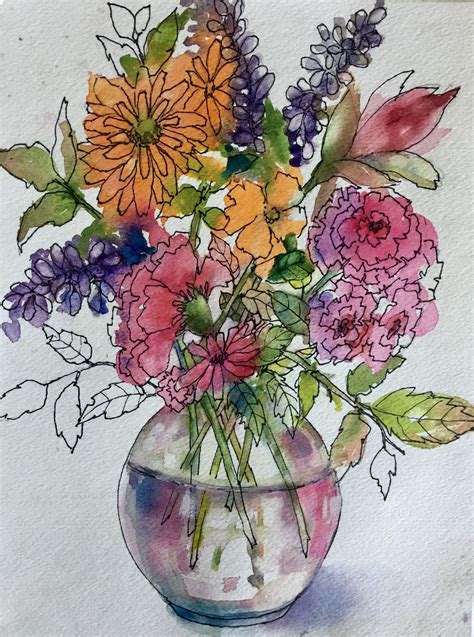 a painting of flowers in a vase on a white paper with watercolor pencils