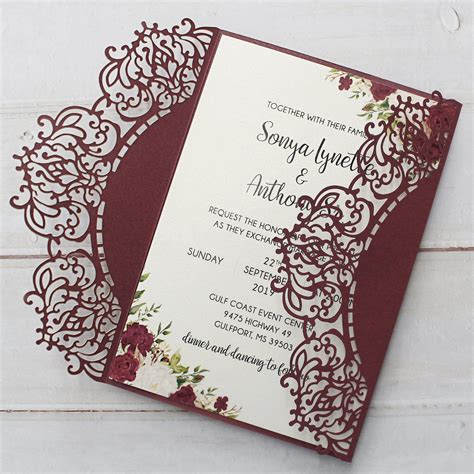 Elegant Burgundy Lace Wedding Invitation, Bridal Shower Invitation