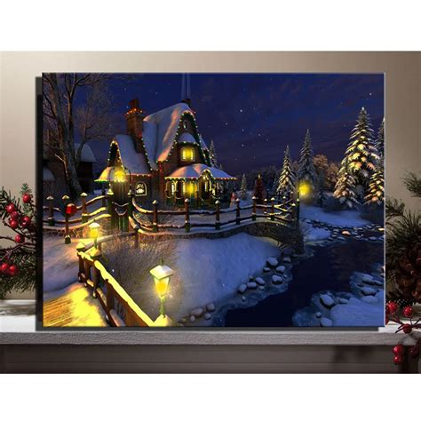 led canvas art christmas snow night village house with trees picture ...