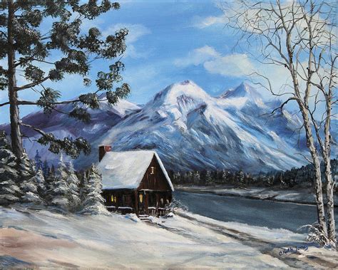 Snowy Mountain Cabin Painting by C Keith Jones