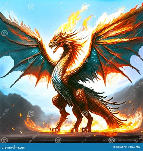 3d Illustration of a Dragon with Wings and Fire on the Background ...