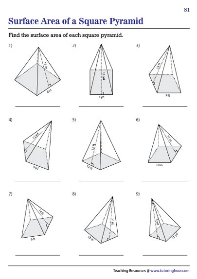 Surface Area of a Square Pyramid Worksheets