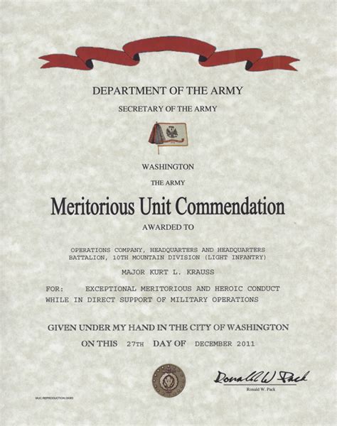 Army Meritorious Unit Commendation Certificate