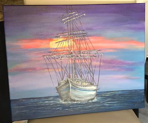 Ship in Sunset Acrylic Painting | Etsy