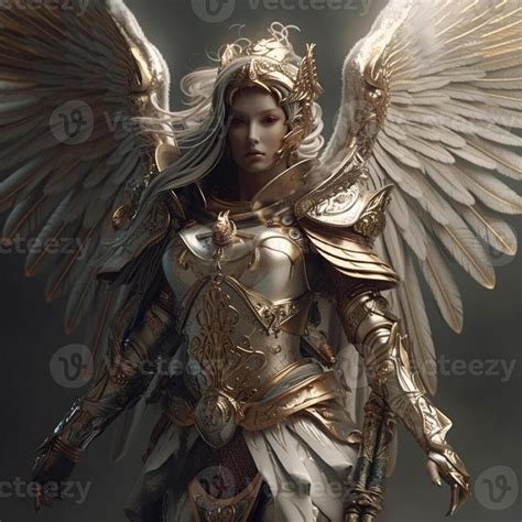 Fantasy female warrior in a golden armor with a crown and wings ...