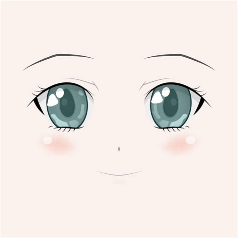 Happy anime face. Manga style big green eyes, little nose and kawaii ...