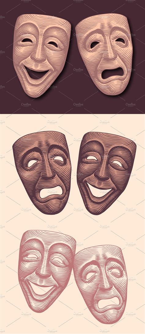 Theater Masks. Vector engraving | Theatre masks, Mask drawing, Mask