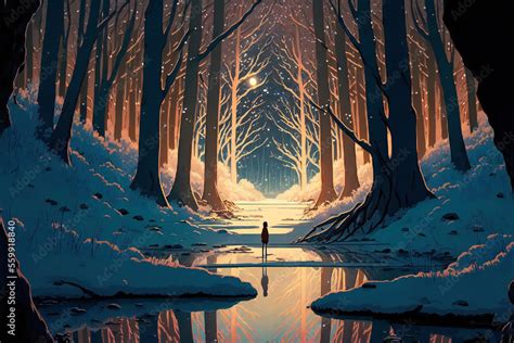 Anime Painting a Child in Silhouette at the Edge of Pond in a Snowy ...