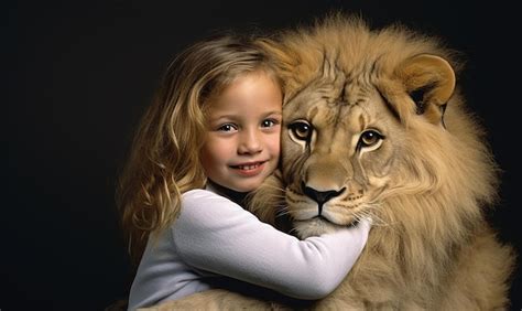 Premium Photo | A girl hugging a lion and a lion