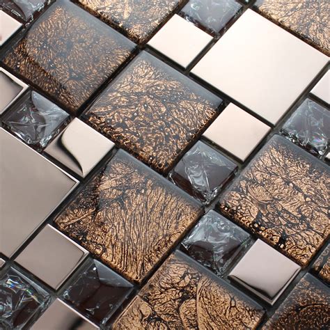 Metal and glass blend mosaic tile brown crackle crystal backsplash ...