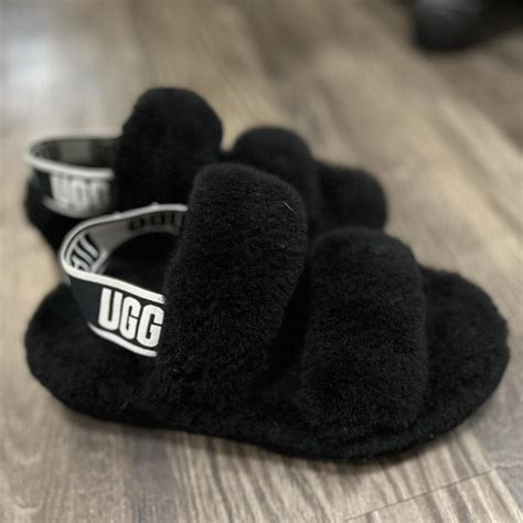 US5 black fluffy ugg sandals lightly worn, few... - Depop