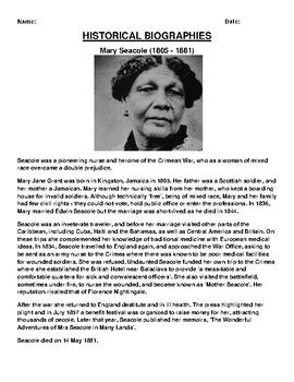 Mary Seacole Biography Article and (3) Assignments by Pointer Education