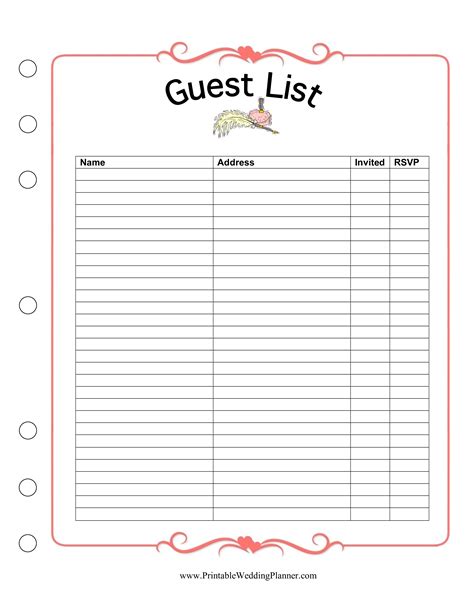 Printable Wedding Guest Checklist Template - Printable Templates Free