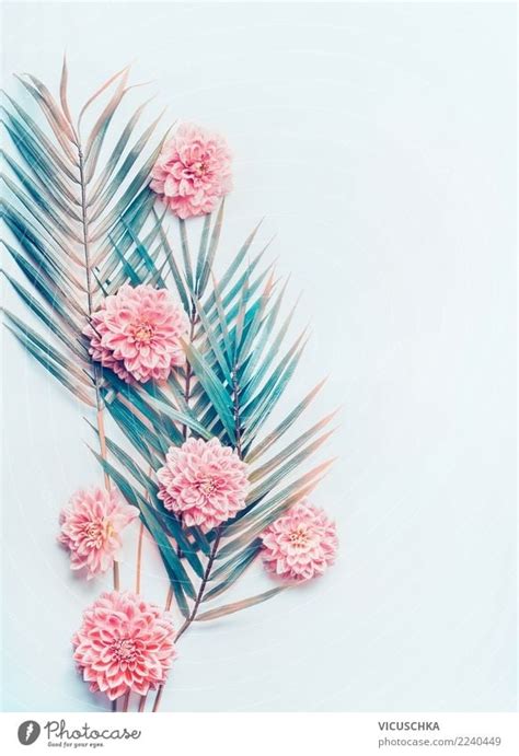 Creative layout with tropical palm leaves and flowers - a Royalty Free ...