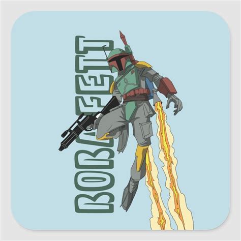 Boba Fett Flying With Jetpack Cartoon Illustration Square Sticker ...