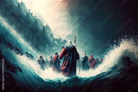 Moses crossing the Red Sea, bible. Generative AI Stock Illustration ...