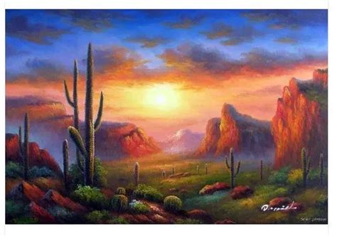 Arizona Sunset Desert Saguaro Barrel Cactus Valley 24X36 Stretched Oil ...