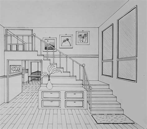 House Drawing of Living Room with Kitchen and Stairs