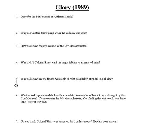 Civil War: Glory Movie Questions and Answer Key - 54th Massachusetts ...