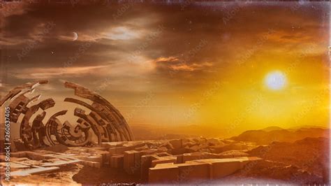 concept art of majestic ancient advanced civilization ruins in an alien ...