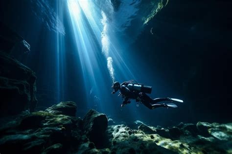 Premium AI Image | Diver explores dark underwater cave revealing a ...