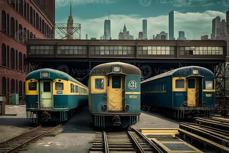 NYC old outdated subway cars in a metro depot in daytime. Neural ...