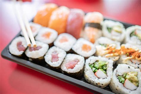 Japanese Take Away Food.Set of Sushi with Chopsticks Stock Image ...