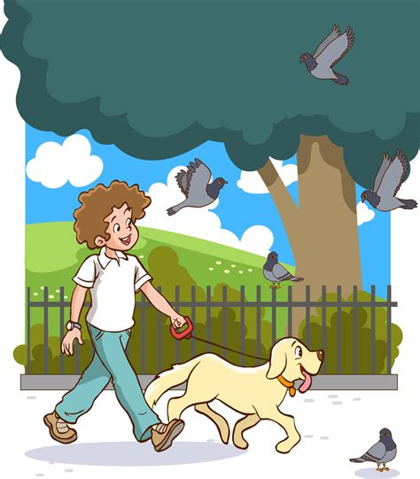 Boy Walking The Dog In The Park Cartoon Vector 20291022 Vector Art At