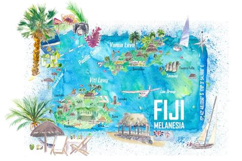 Fiji Illustrated Island Travel Map With Roads and Highlights - Etsy ...