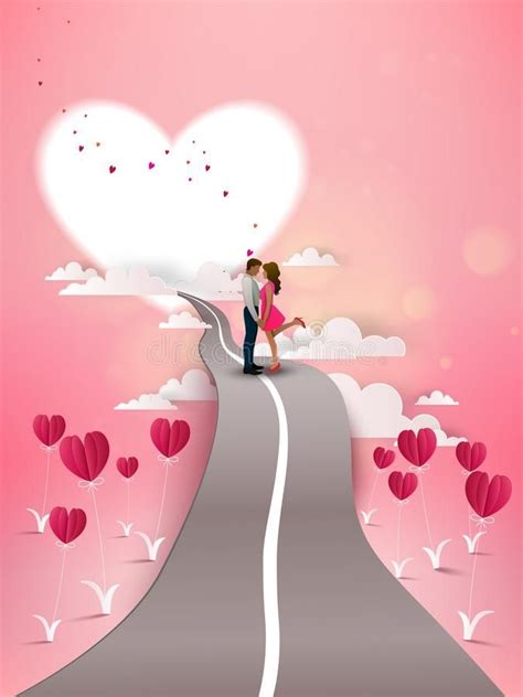 Red heart flower on pink background with couple kissing on road vector ...