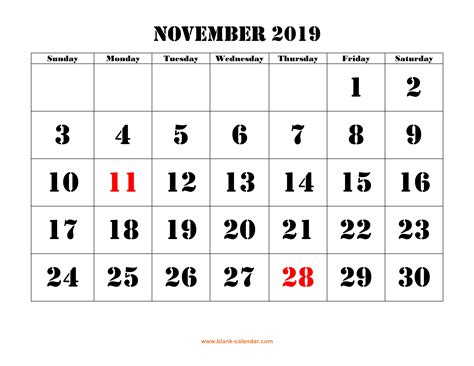 Free Download Printable November 2019 Calendar, large font design ...