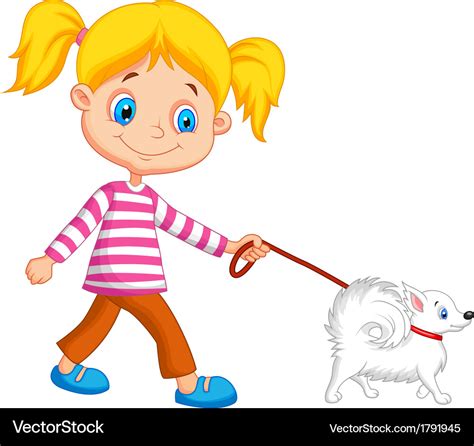 Cute Cartoon Girl Walking With Dog Royalty Free Vector Image