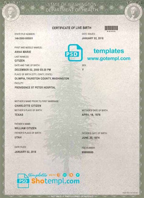 USA Washington state birth certificate fake template in PSD format ...