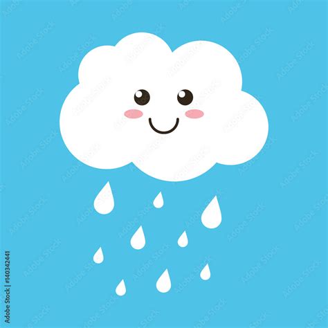 Cute happy cloud with rain drops, spring or autumn weather icon on blue ...