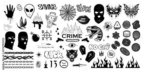 Crime elements, graphic set gang tattoo, brutalism elements, trendy ...