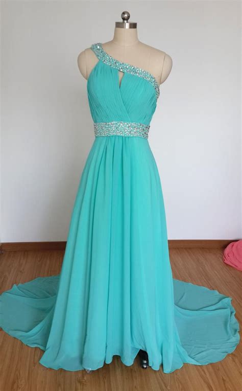 One shoulder turquoise blue chiffon beaded long prom dress etsy – Artofit