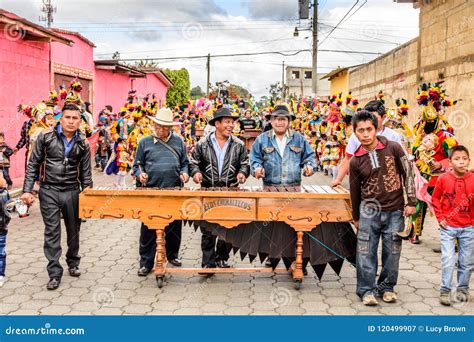 Marimba Musicians & Traditional Folk Dancers In Street, Guatemala ...