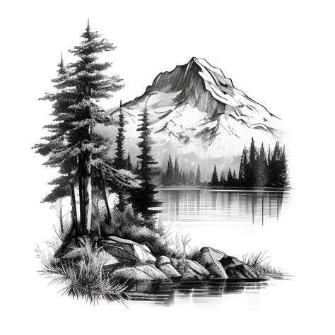 Minimalist Sketched Mountain Landscape Lake Clipart, Mountain Lake ...