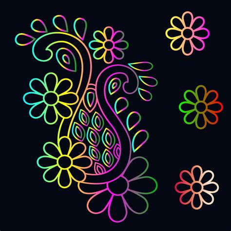 Rainbow color line art floral vector illustration, colorful vintage ...