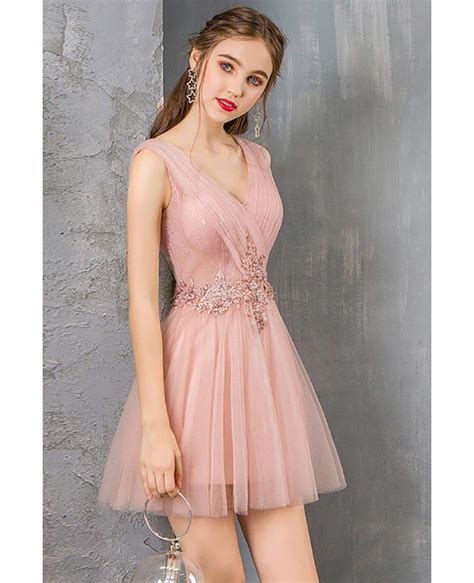 Pretty Short Tulle Pink Prom Dress Cute Pleated Vneck #DM69059 ...