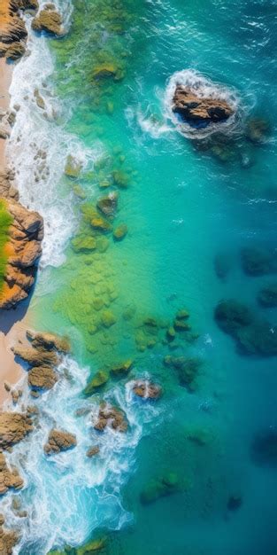 Premium AI Image | Dreamy Aerial View Of A Green Rocky Beach In California