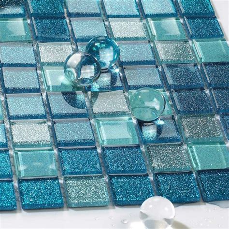 Square Glass Tile Bathroom Powder Mosaic Patterns Washroom Wall Blue