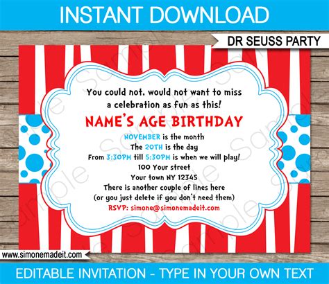 Dr Seuss Party Invitations | Birthday Party Printable Invite Template