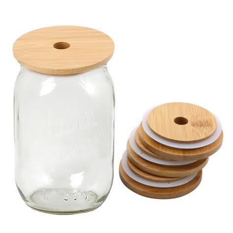 Wooden Mason Jar Lids with Straw Hole- 4 Reusable Bamboo Caps Wide ...