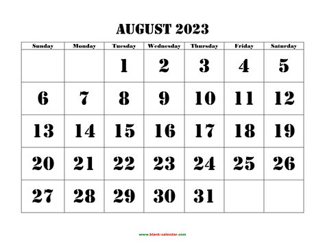 Free Download Printable August 2023 Calendar, large font design ...